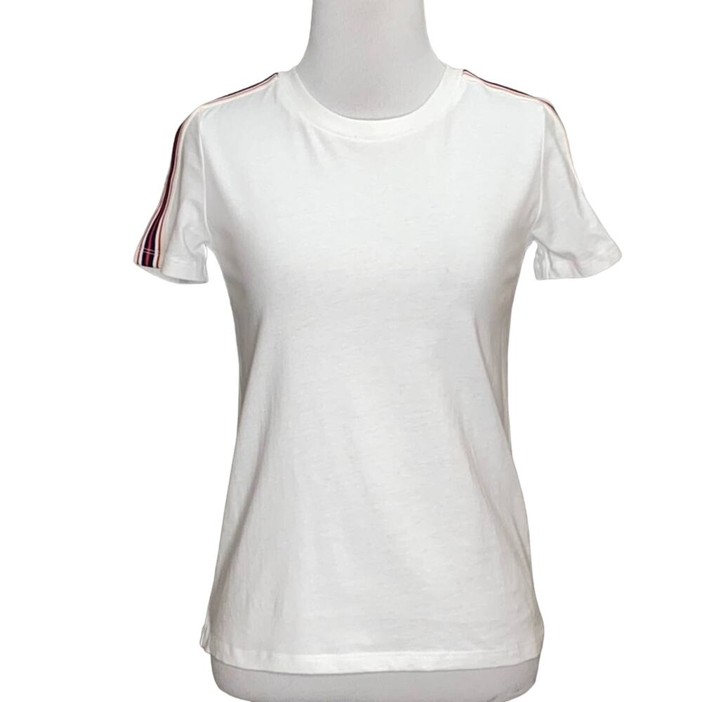 Aritzia TNA White Short Sleeve Shoulder Striped